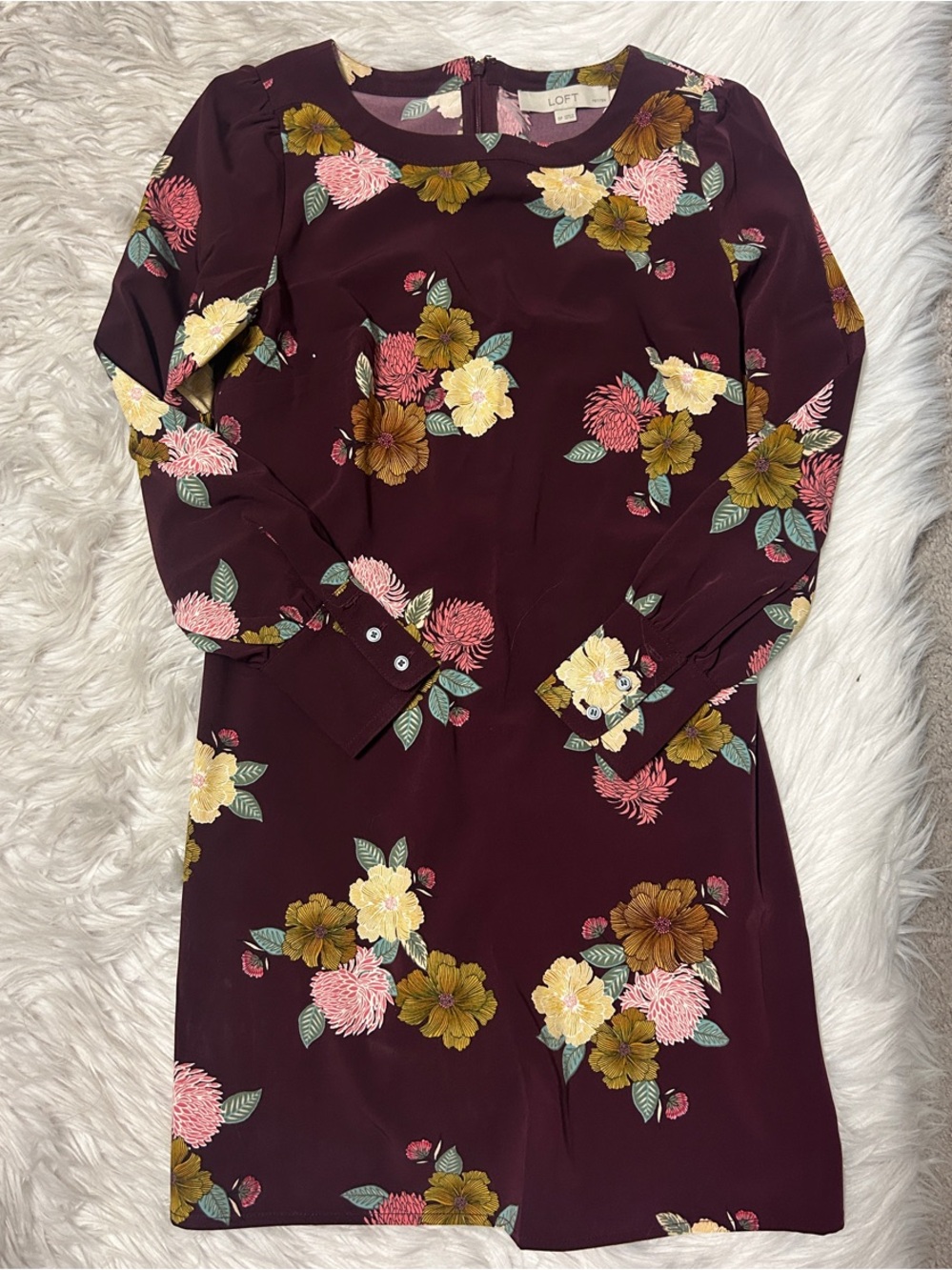 LOFT Burgundy Floral Long Sleeve Shift Dress with Pink & Yellow Blooms